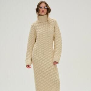 BNWT For Love & Lemons Milana Sweater Maxi Dress Brown Cable Knit Turtleneck M